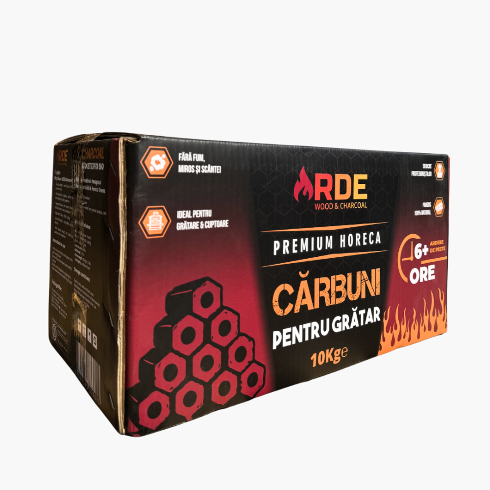 Cărbune grătar brichetat ARDE 10 kg, formă hexagonală, din lemn de esență tare, 100% natural, ardere lentă, fără fum, ambalaj negru cu roșu