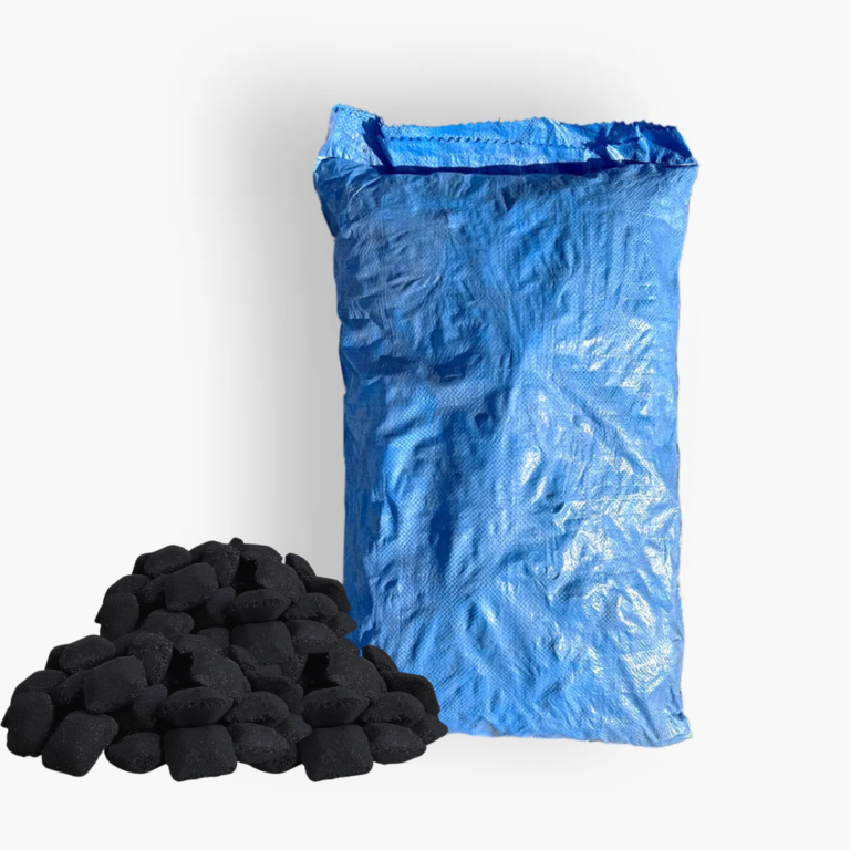 Cărbuni grătar brichetați tip ou, sac albastru de 10 kg, cărbuni negri presați din lemn de esență tare, 100% naturali, pentru ardere lungă și jar constant