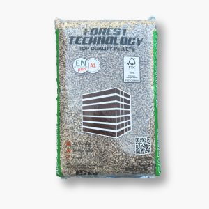Sac de 15 kg cu peleți Forest Technology, din rumeguș de rășinoase, 100% naturali, fără aditivi, ambalaj gri-verde, pentru centrale și sobe pe peleți