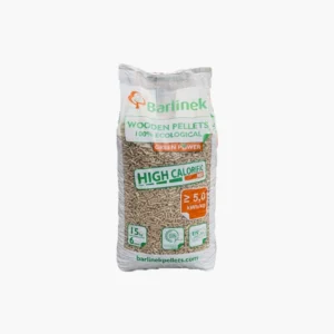 Sac de 15 kg cu peleți Barlinek, din rumeguș de brad și molid, 100% naturali, fără aditivi, ambalaj alb cu detalii verzi, pentru centrale și sobe pe peleți