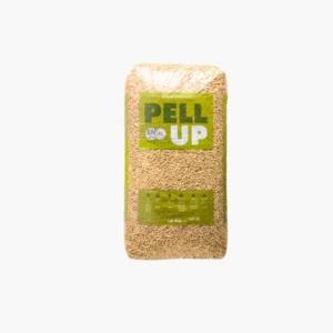 Sac de 15 kg cu peleți Pell Up, din rumeguș de rășinoase, 100% naturali, fără aditivi, ambalaj galben-verde, pentru centrale și sobe cu ardere curată