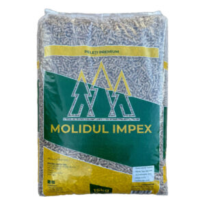 Sac de 15 kg cu peleți din rumeguș Molidul Impex, 100% naturali, fără aditivi, ambalaj verde-galben, ideali pentru centrale și sobe pe peleți