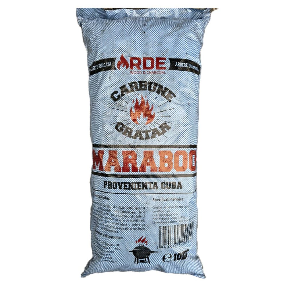 Sac de 10 kg cu cărbuni grătar Marabu Cuba, 100% naturali, ambalaj gri cu inscripții roșii, ideal pentru BBQ profesional și HoReCa