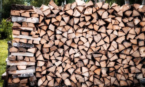 Stivă de lemne de foc tăiate și așezate pentru uscare, pregătite pentru încălzirea casei în sezonul rece.